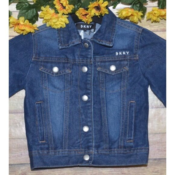 DKNY Girls Denim Long Sleeve Button Up Blue Jean Jacket Size 4 Embroidered Logo - Picture 2 of 10